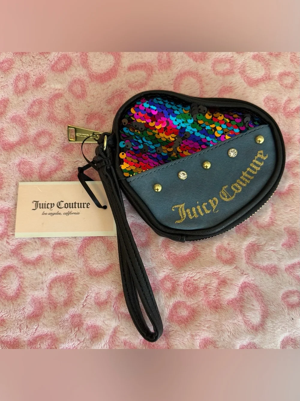 NWT Juicy Couture Multicolor Sequin & Denim Heart Wristlet Purse Women’s